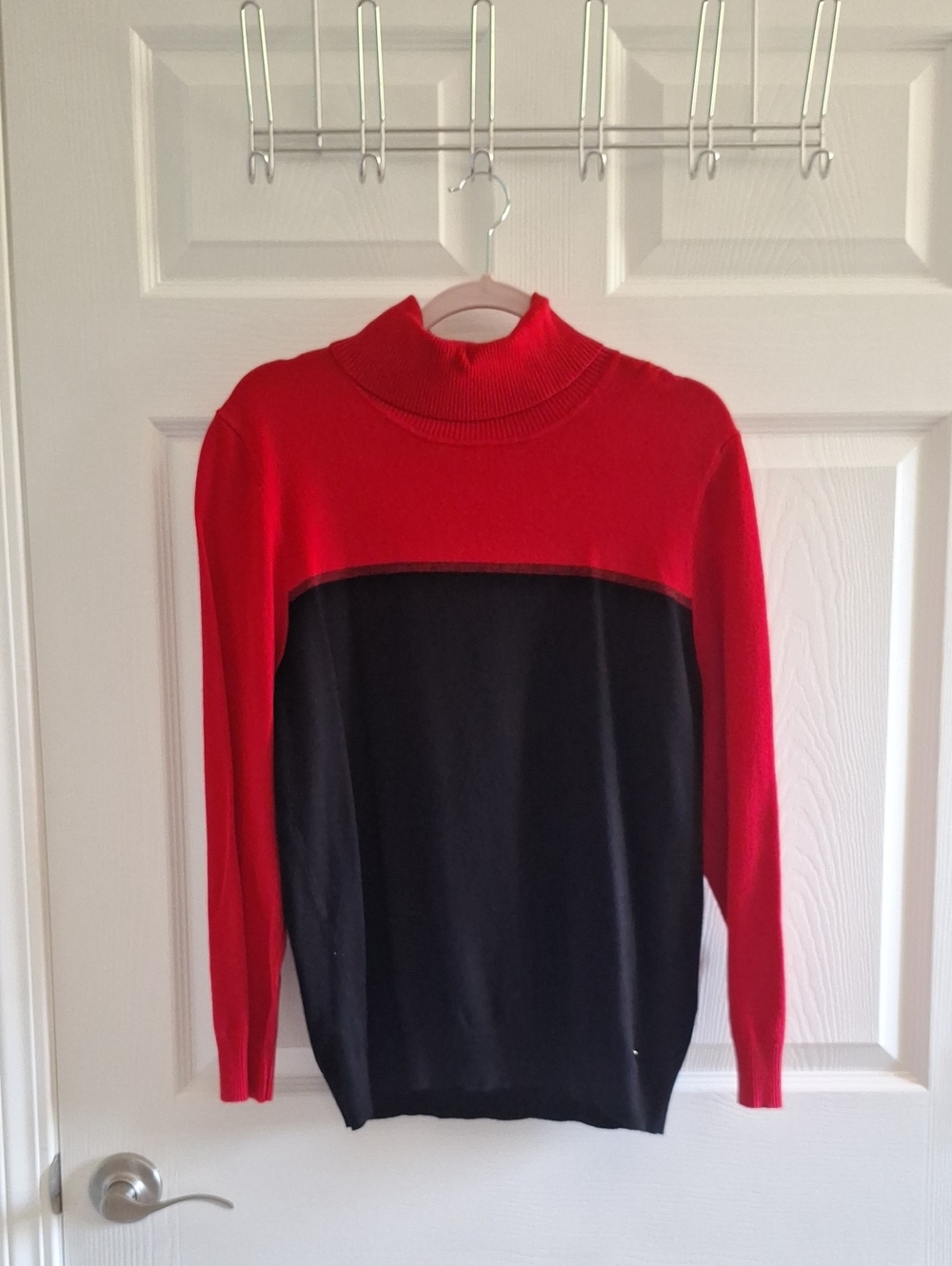 Calvin Klein Red and Black Colorblock Turtleneck Sweater
